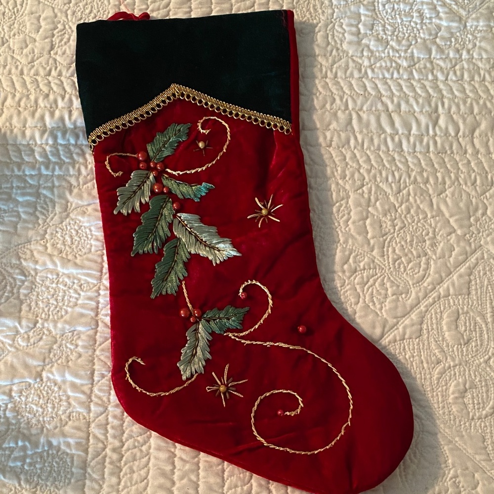 Festive Red and Green Holiday Stocking with Gold Accents
